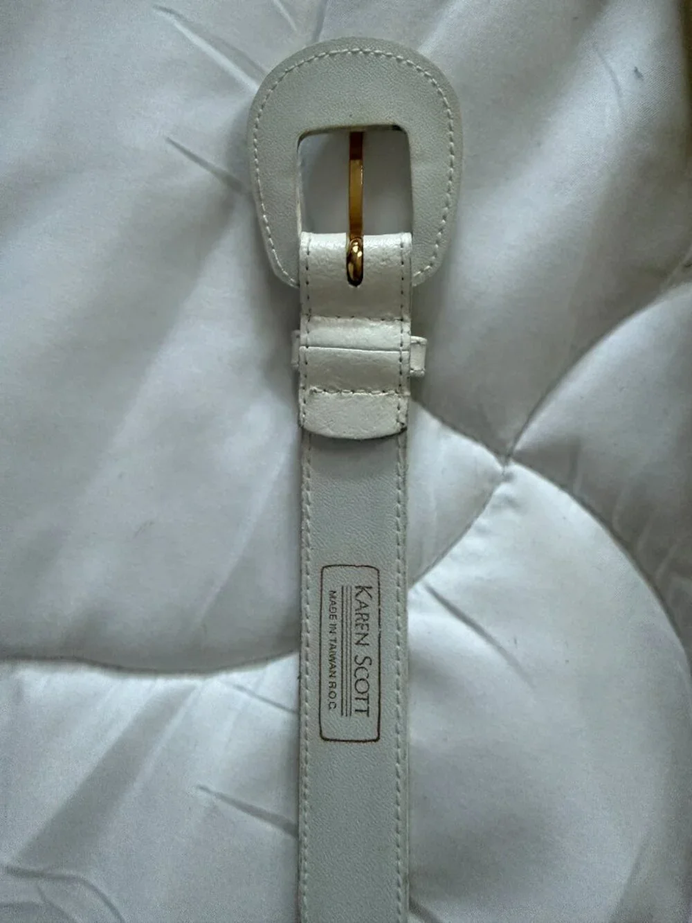 Vintage Karen Scott White Leather Belt Medium | Covered Buckle Retro Cinch